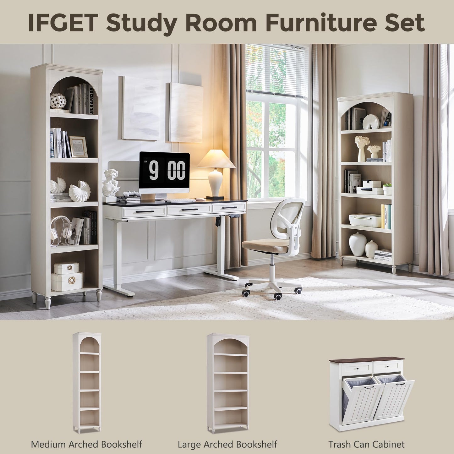 IFGET 76" Tall Arched Bookcase, Farmhouse 5 Tiers Narrow Arched Bookshelf Cabinet with Adjustable Shelves, Modern Wooden Book Shelf w/Storage and Open Display Shelves for Living Room, Office-Cream