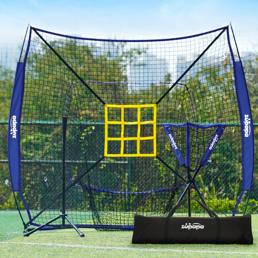 Zupapa 7x7 Feet Baseball Softball Hitting Pitching Net Tee Caddy Set with Strike Zone, Baseball Backstop Practice Net for Pitching Batting Catching for All Skill Levels (Blue)
