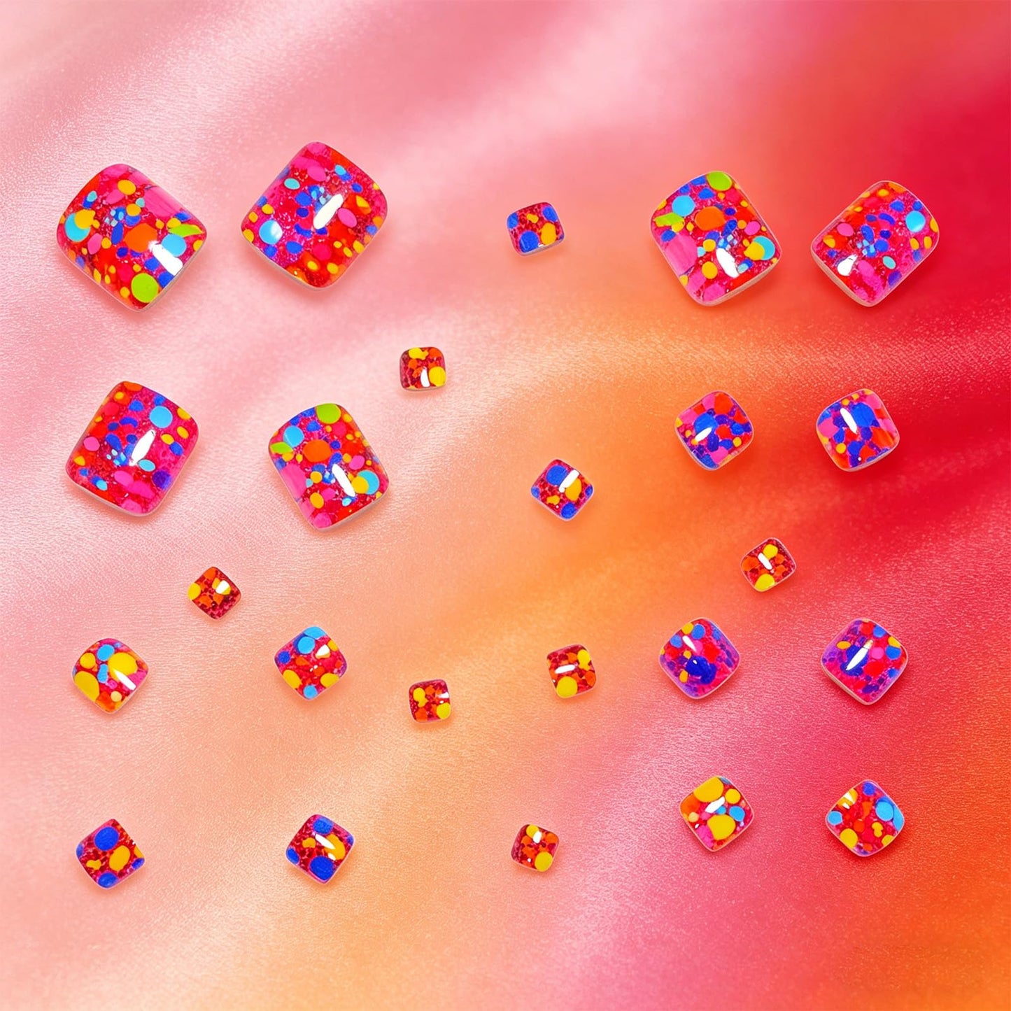 Rainbow Polka Dot Press on Toenails Short Square Fake Toe Nails Summer Toenail Press ons Colorful Acrylic Toe Press on Nails Full Cover Reusable Stick on Toenails for Women 24Pcs
