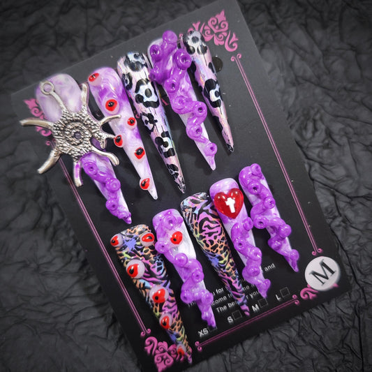10Pcs(1Pack) Handmade Press On Nails Long Stiletto 32mm Gothic Dark Purple Black 3D Tentacle Eye Artistic Statement Nails for Women Party Holiday Photo Wedding Size M