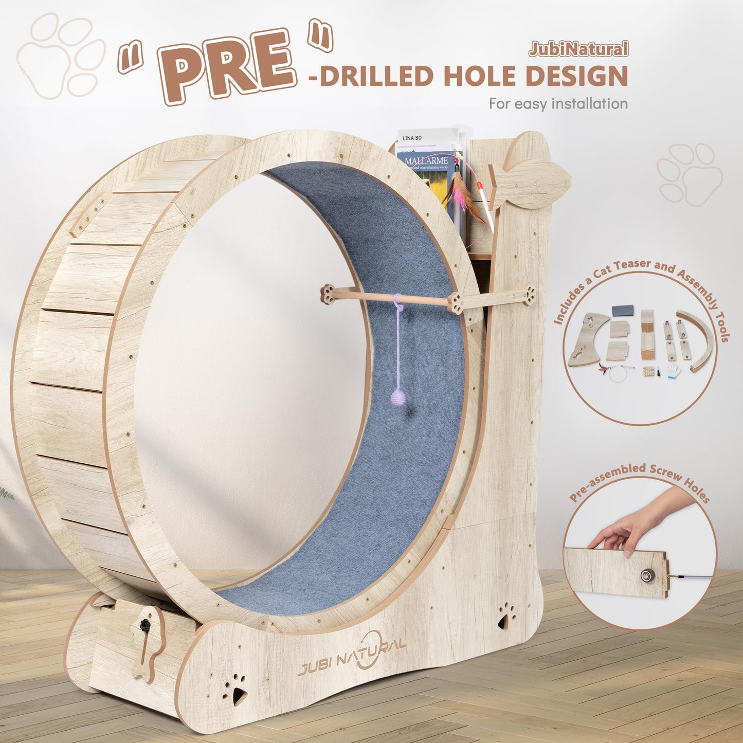 Cat Exercise Wheel, 43" Cat Running Wheels for Indoor Cats with with Locking Mechanism, Cats Treadmill Wheels with Scratching Board and Teaser Toy, Cat's Weight Loss and Health