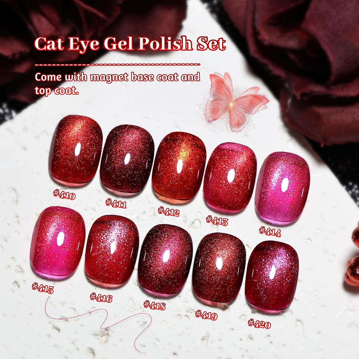 JODSONE Cat Eye Gel Nail Polish Set Limited Burgundy Red with Base Coat Top Coat & Magnet Stick Elegant Romantic Salon Nail Art Manicure Gift for Women