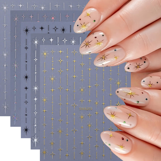 5 Sheets Stars Nail Art Stickers 3D Self Adhesive Shiny Stars Line Nail Decals White Silver Gold Black Star Nail Stickers for Nail Art Star Nail Design Nail Supplies for Women DIY Manicure Decorations