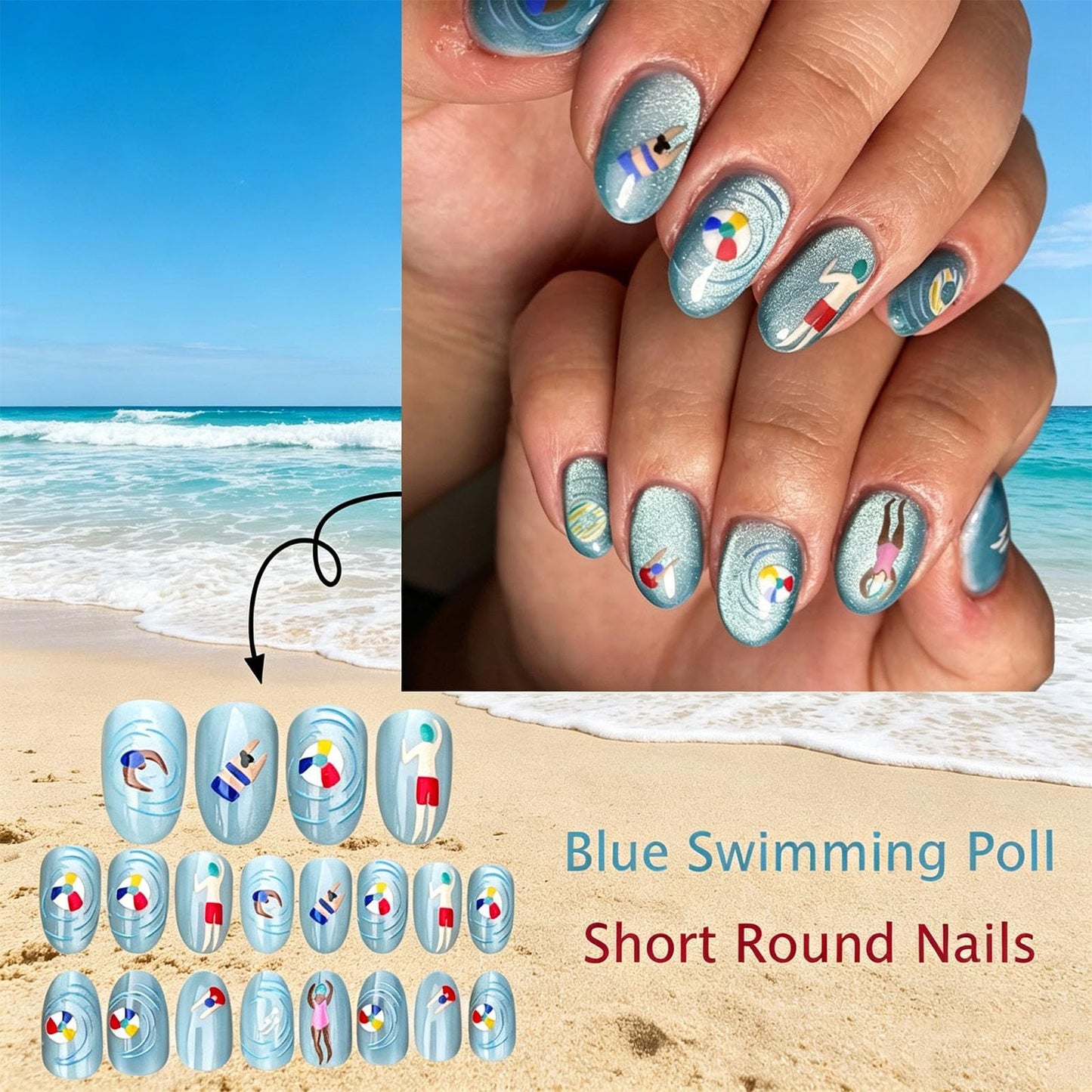 Swimmer Press on Nails With Pool Party Design, Glossy Blue Glitter Fake Nail, Short Oval False Nails Ocean Glue on Nail, Swimming Ring Stick on Reusable Acrylic Fingernails for Women Summer Vacation