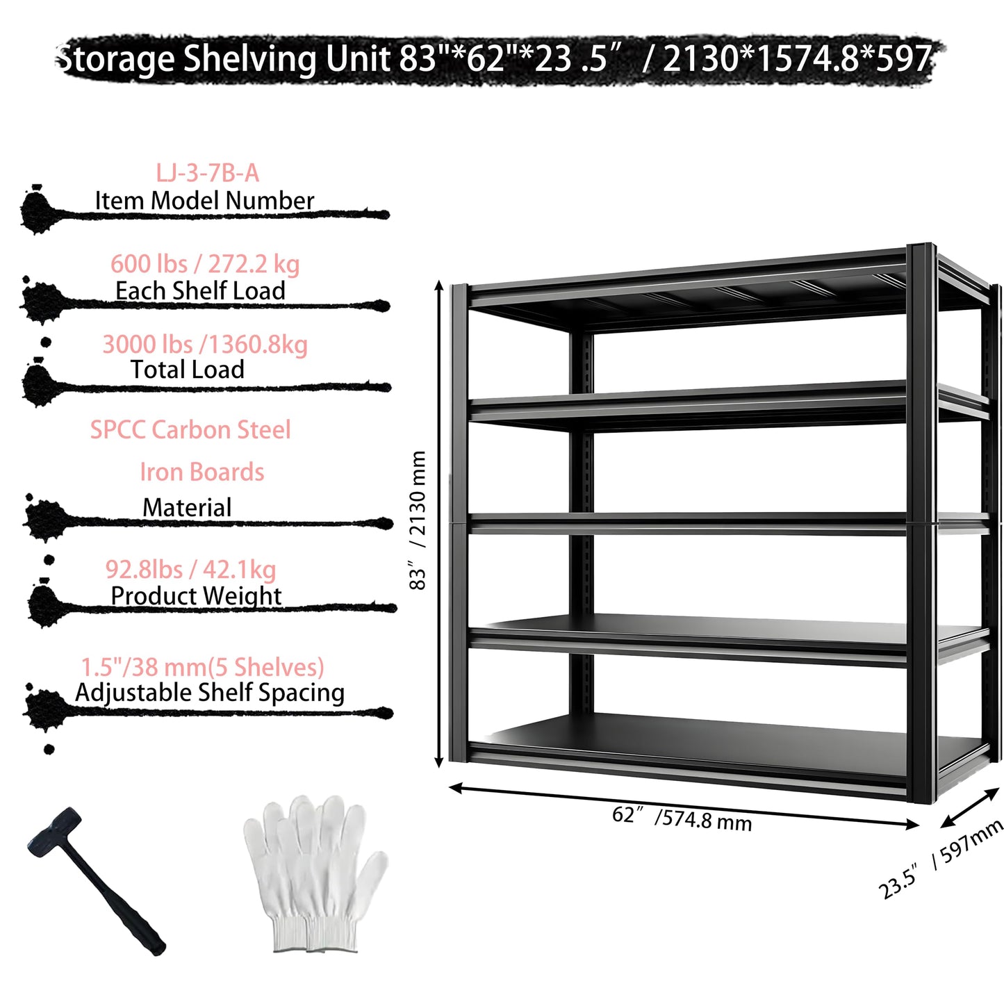 Darubtes Industrial Storage Rack,Heavy-Duty Steel Shelving Unit,Multi-Purpose Garage Organization System Black 72" H x 62" W x 23.5" D 5-Tier