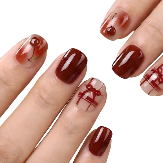 3D Cherry Red Press On Nails, Glossy Short Square Fake Nails with Fruit Design, Elegant Cute On Nails for Women, Salon Look, 30 Pcs Set (The sizing runs small)