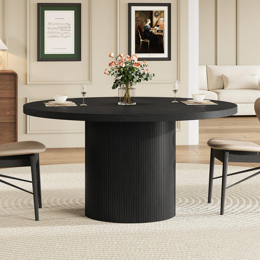Round Kitchen Dining Table for 4-6 People, 47 inch Mid-Century Circle Dinner Tables, Rustic Wood Base in Fluted Design, Space Saving Dining Room Furniture, Large Table Only for Family Party, Black