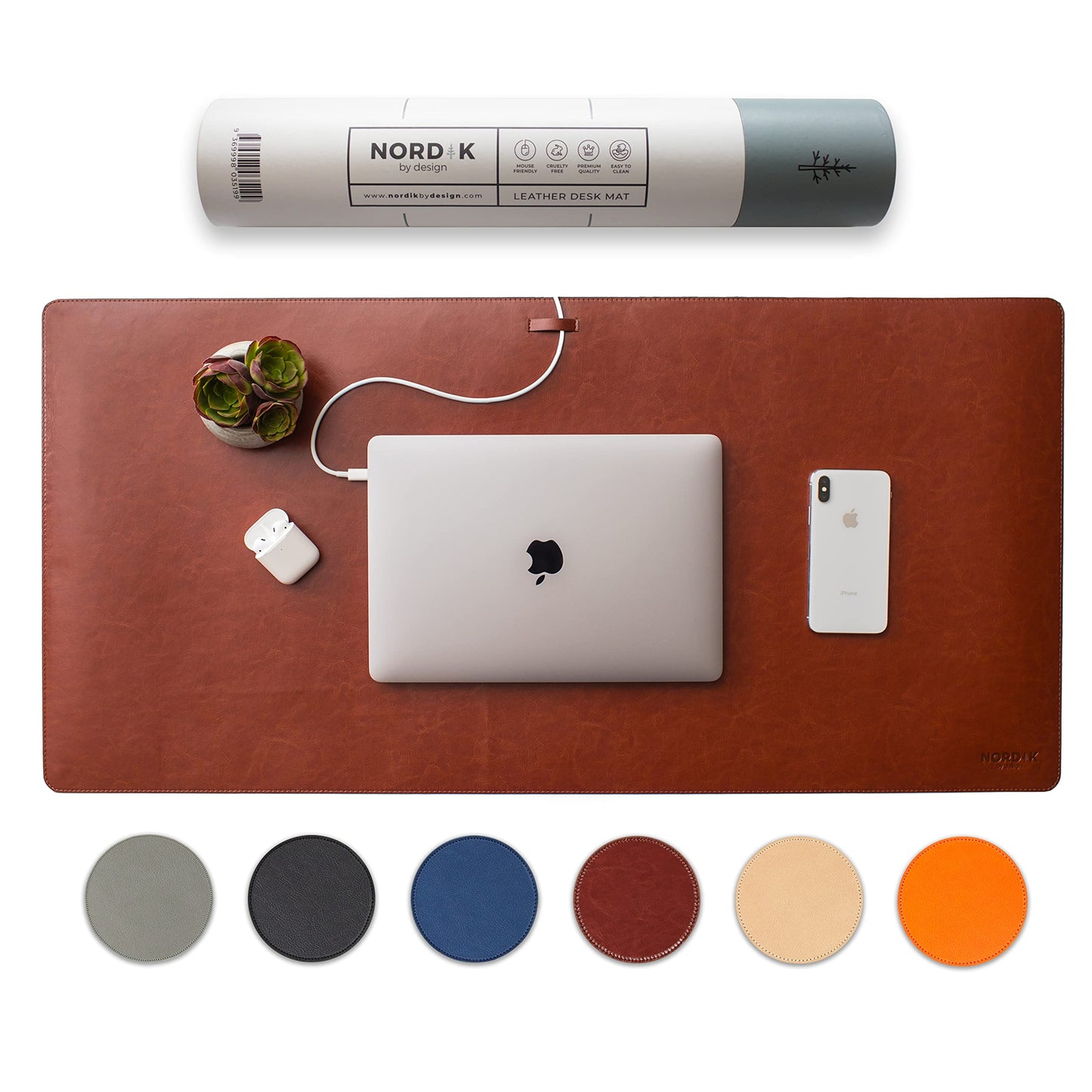 Nordik Leather Desk Mat - Whiskey Brown - Cable Organizer - Premium Mouse Mat & Desk Pad Protector - 35 X 17 Inch - Felt Vegan Leather - Large Office Mouse Pad & Blotter