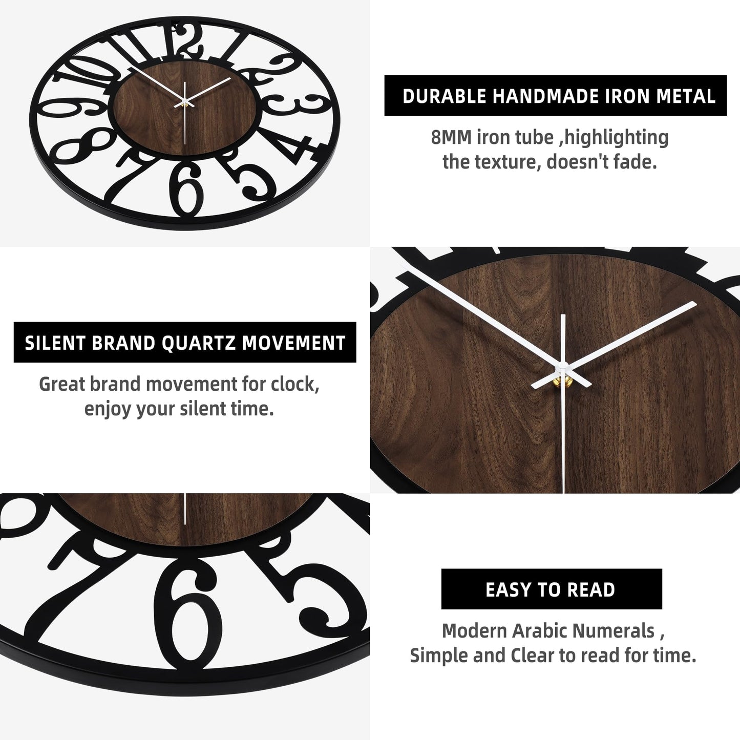 LEIKE Large LED Wall Clocks,Silent,Non Ticking,Battery Operated Rustic Round Modern Big Wood Wall Clock for Living Room, Bedroom,Kitchen,Farmhouse,Office,Home Decor -24" Black,LED,Arabic Number