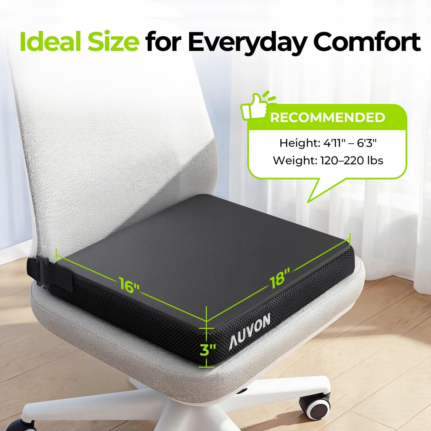 AUVON Cooling Gel Wheelchair Seat Cushion for Sciatica, Back, Pressure Sore and Ulcer Pain Relief, Breathable Memory Foam Chair Cushion with Waterproof Silk Fabric, Removable Strap, Anti-Slip Cover