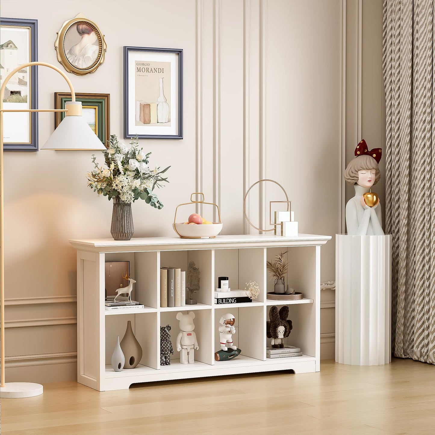 OSCHF Cube Shelf Bookcase with Base - Wooden 2 Tiers Floor Standing Low Storage Cabinet for Home and Office, 8-Cube Lattice Bookshelf, Warm White