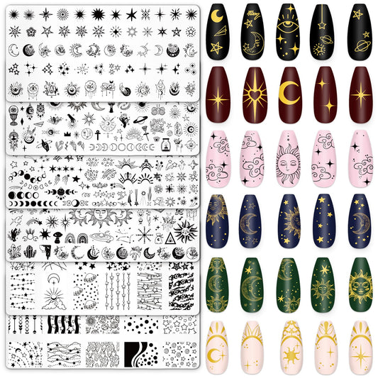 Whaline 6 Pcs Sun Moon Star Nail Plates Stamping Set Groovy Stamp Templates Nail Art Plates for DIY Print Manicure Salon Design Gift Supplies