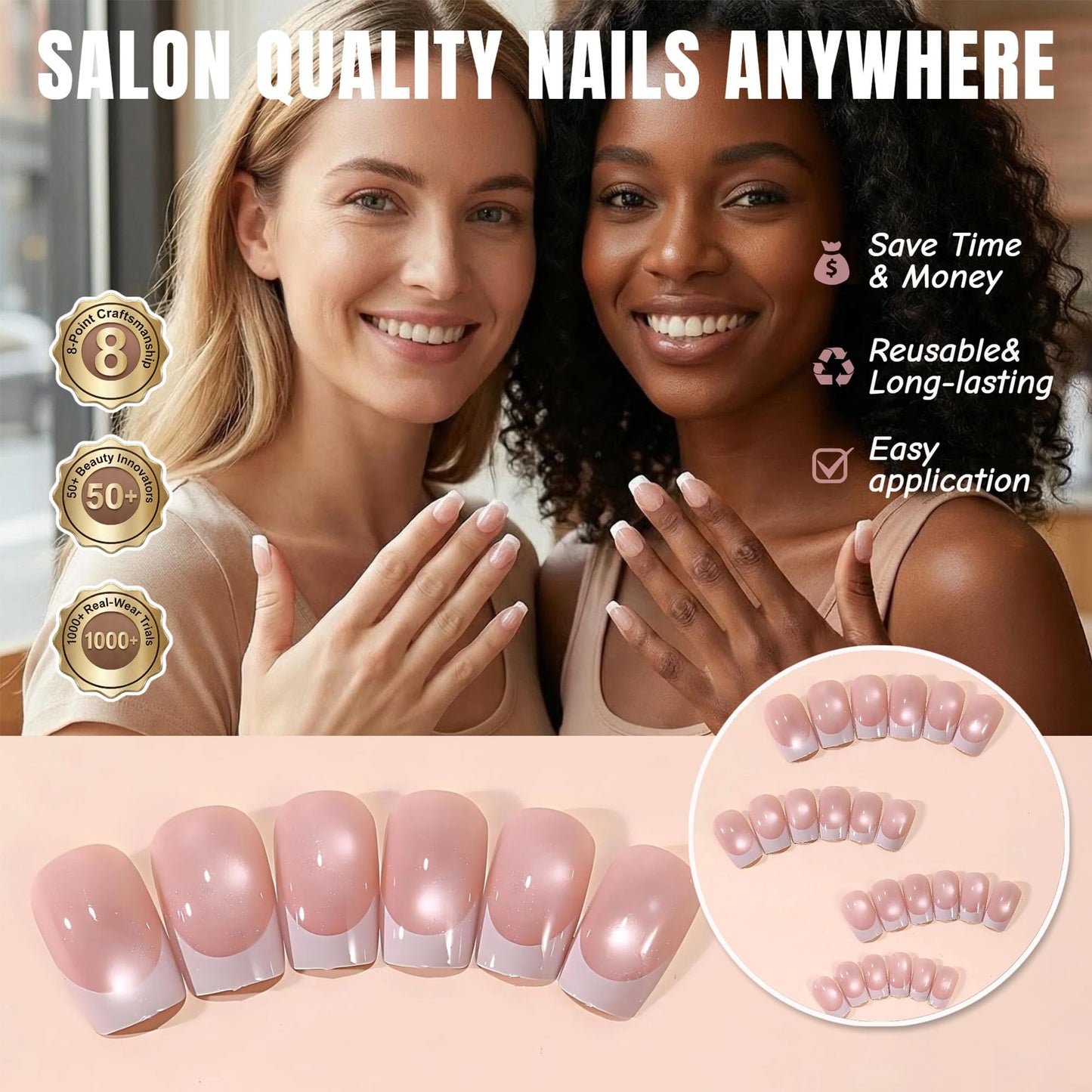 Taoyisent Cat Eye Press on Nails 24PCS Nude Pink French Tip Soft Gel Nails Short Square Glossy Magnetic Effect Fake Nails Reusable Full Cover Stick on Nails Kit