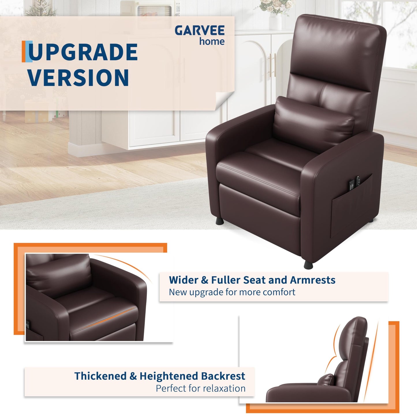 GarveeHome Power Recliner Chair - Heat and Massage, Adjustable Electric Recliner Ergonomic PU Leather Single Sofa, Tall Back, Padded Seat, Home Theater Seating for Living Room
