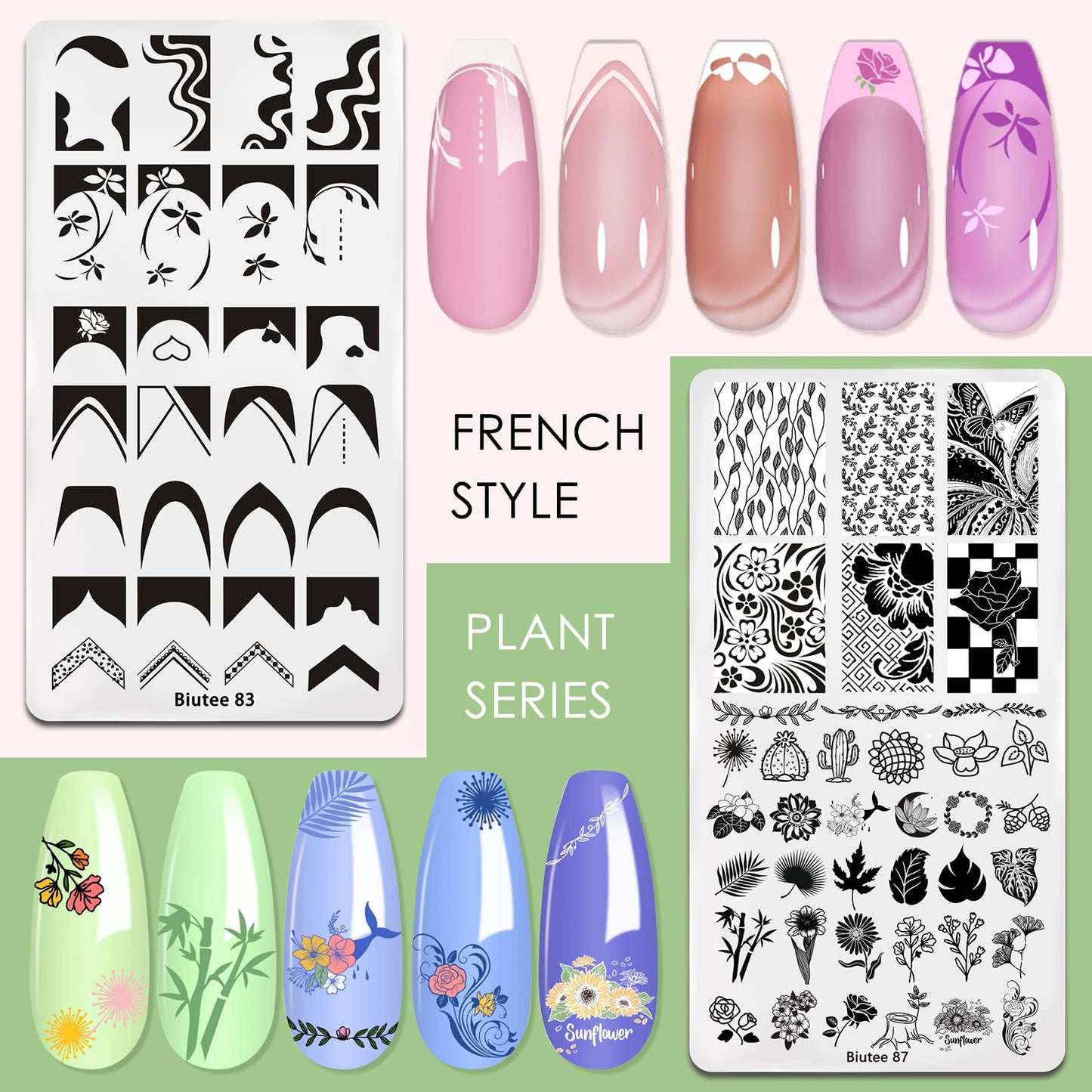 Biutee Nail Art Stamping Plates Set 10PCS French Line Stamp Templates, Nail Stamping Kit with Silicone Nail Stamper for DIY Print Manicure Salon Design Gift In Home