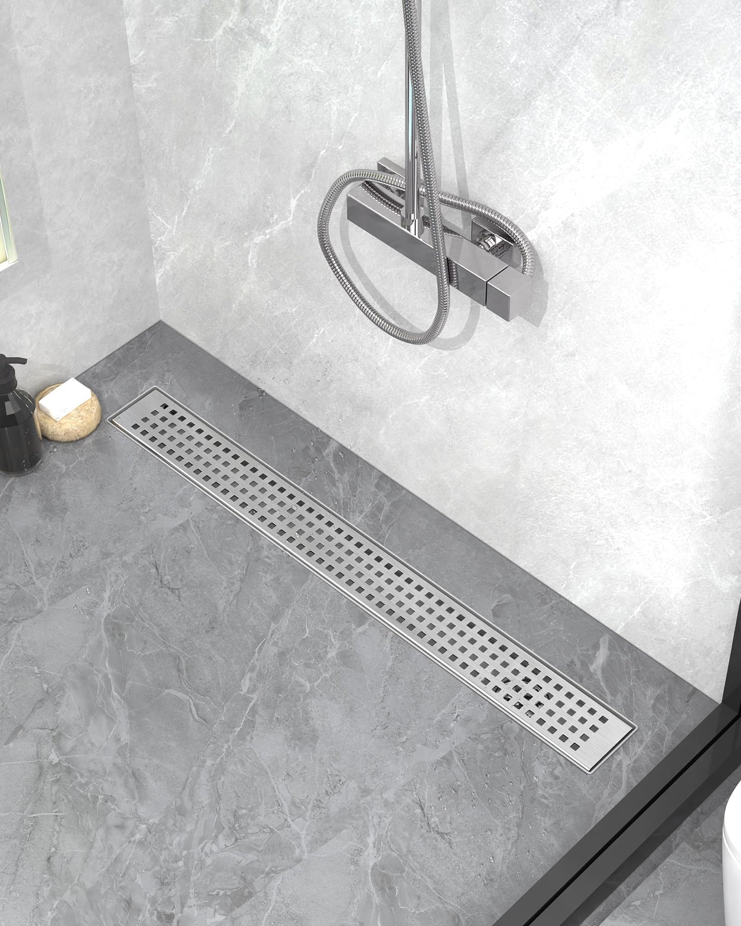 HTOH Shower Drain Offset Outlet for Bathroom: 48-Inch Brushed Nickel Linear Shower Drain with Removable Grate - 304 Stainless Steel Shower Floor Drain Side Outlet with Hair Catcher, Adjustable Feet