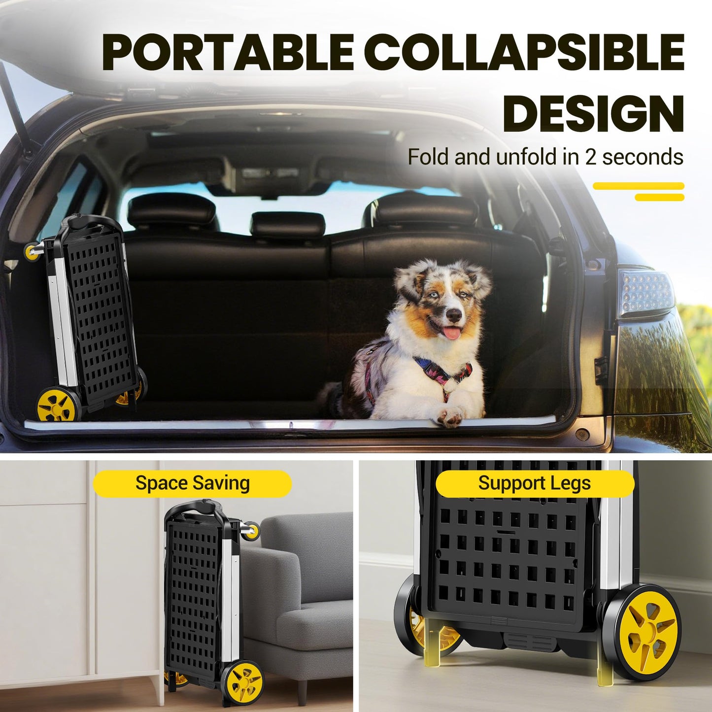 Collapsible Shopping Cart, 8-in-1 200LBS Multi Functional Utility Cart with 1 Storage Crate, Adjustable Handle Grocery Cart on Wheels for Shopping/Warehouse/Office/Supermarket - Yellow