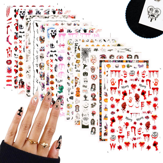 SIUSIO 15 Sheets Halloween Nail Art Stickers Cute Pumpkin Skull Ghost Party Theme 3D Self-Adhesive Horror Witchy Bat Poker Blood Nail Decals Nail Supplies DIY Nail Stickers for Women Girls Kids Decor
