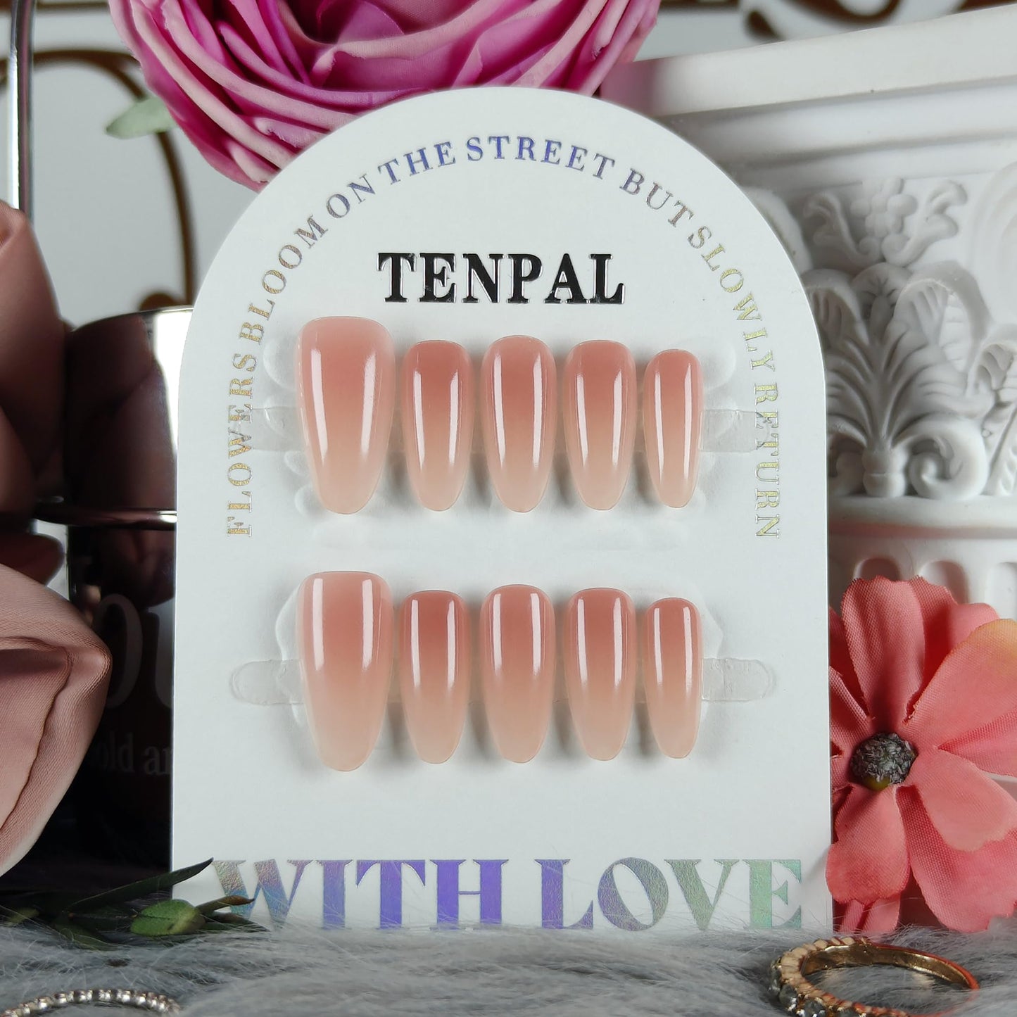 TENPAL Press on Nails Almond Shape Nude Ombre Gradient Beige - Clean Girl Minimalist Quiet Luxury Handmade Reusable Salon Quality for Daily Work Office Bridal Wedding Natural Look(M)