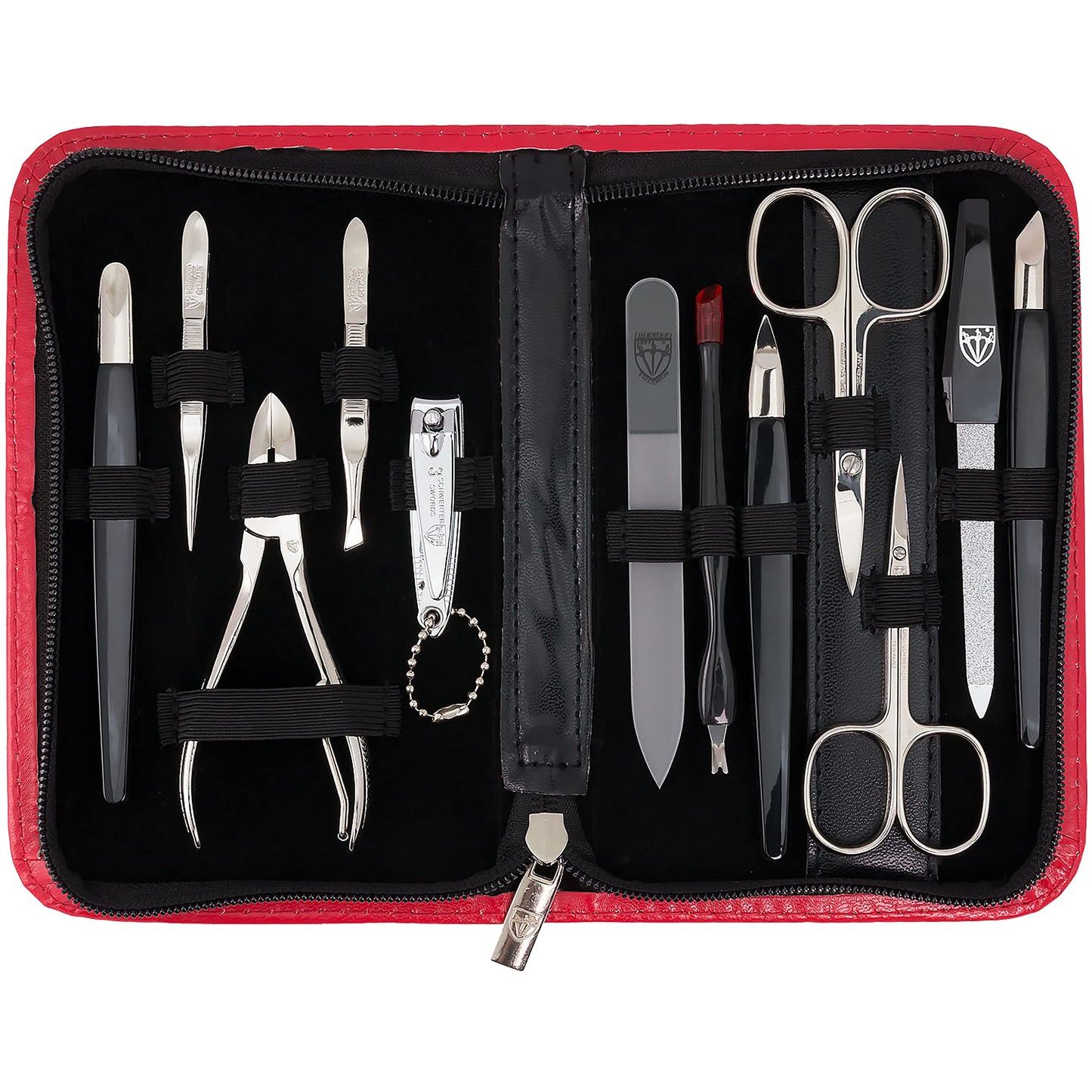 3 Swords Germany – brand quality 12 piece manicure pedicure grooming kit set for professional finger & toe nail care with red synthetic leather case - Made in Germany