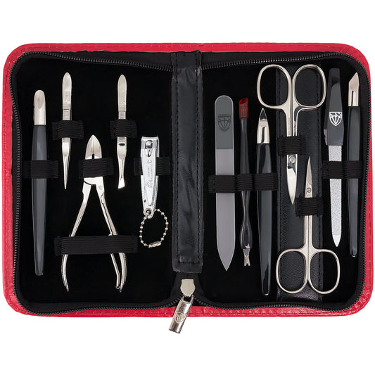 3 Swords Germany – brand quality 12 piece manicure pedicure grooming kit set for professional finger & toe nail care with red synthetic leather case - Made in Germany