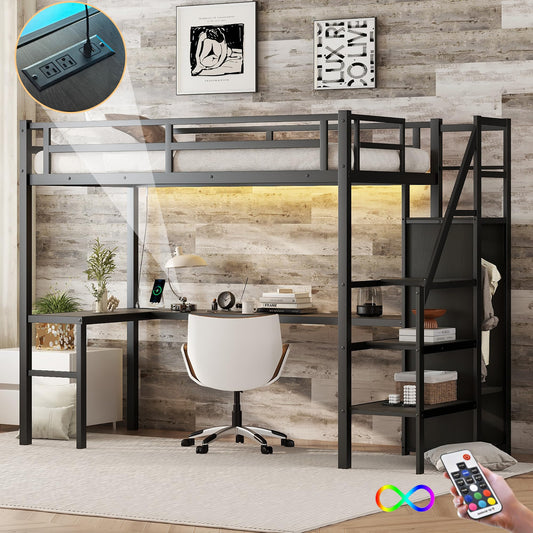 Heavy Duty Metal Loft Bed with Twin XL Size, Desk, Wardrobe & Storage Stairs, LED Charging Station, Space Saving for Kids, Teens & Adults - Black