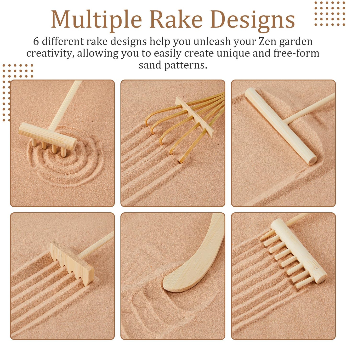 Soulchen 8 Pcs Mini Zen Garden Kit for Table Decor DIY Your Own Zen Garden 8.5" x 6.7" Japanese Sand Tray 6 Rake Tools Meditation Gifts Set for Home Office Tabletop Accessories Therapy Stress Relief