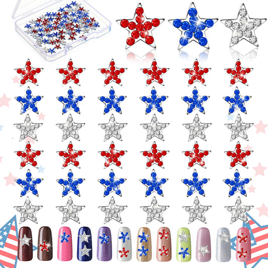 Leelosp 36 Pcs Star Shaped Nail Charms 4th of July for 250th Anniversary, Patriotic Red White Blue 3D Alloy Rhinestones, DIY Nail Art Gems, Independence Day Jewelry for Women