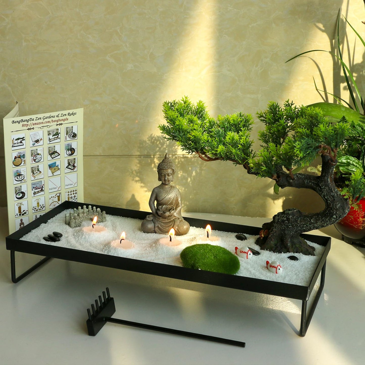 Zen Garden Kit for Desk - Pine Zen Dual Sand Garden(with 50pcs Wicks) Japanese Decor Zen Gift Set for Home, Office Desktop 11x8in Sand Tray Therapy Kit Zen Meditation Accessories