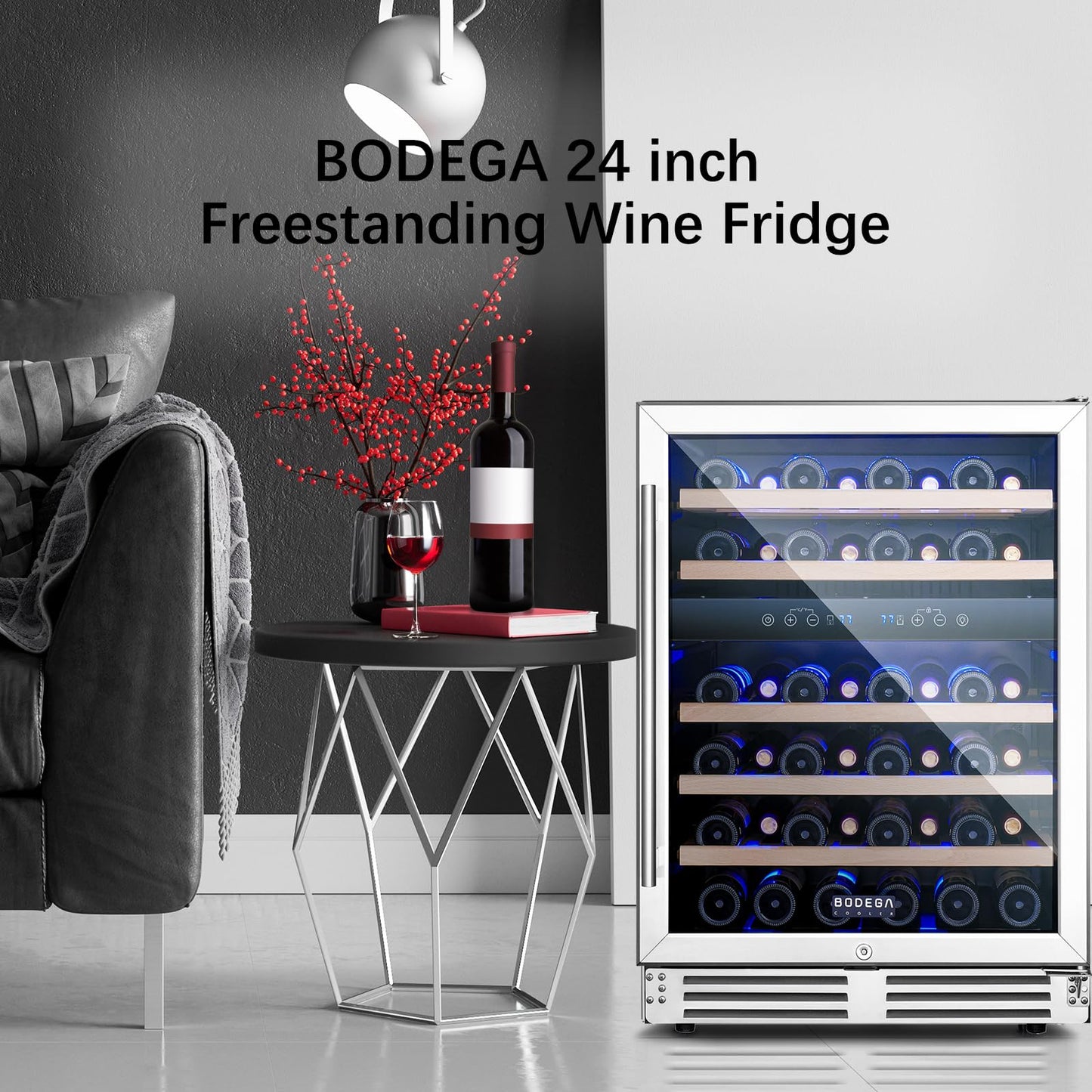 BODEGA 24 Inch Dual Zone Wine Fridge, 46 Bottle, Black 24” Wine Cooler Under Counter For Home and Kitchen, With Double-Layer Glass Door, Wine Refrigerators Free standing with Temperature Control.