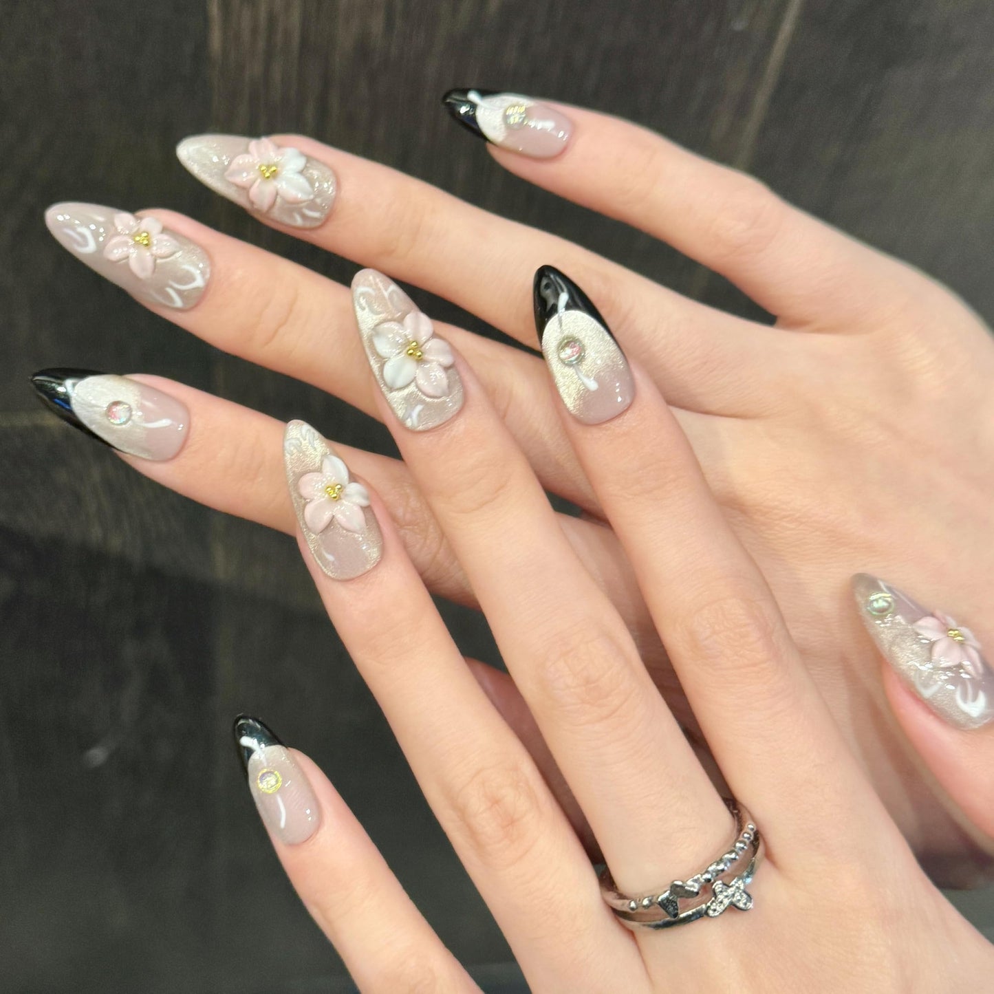 Handmade Press On Nails Medium Almond Pink Glitter Cats Eye Carved Flower Reusable Wedding Prom And Festival Gift Handmade Acrylic Press On Nails Aacrylic Nail (M)