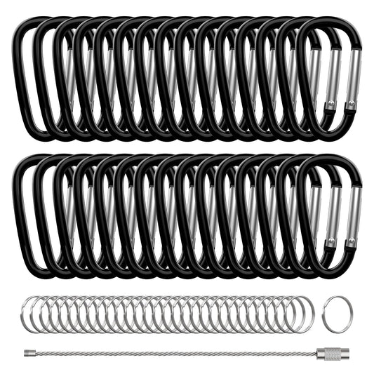XIECHANEE 30PCS Aluminum Carabiner Clips, 2" D Shape Spring Snap Hooks Carabiner with 30PCS Keyring Keychain Hook, Black