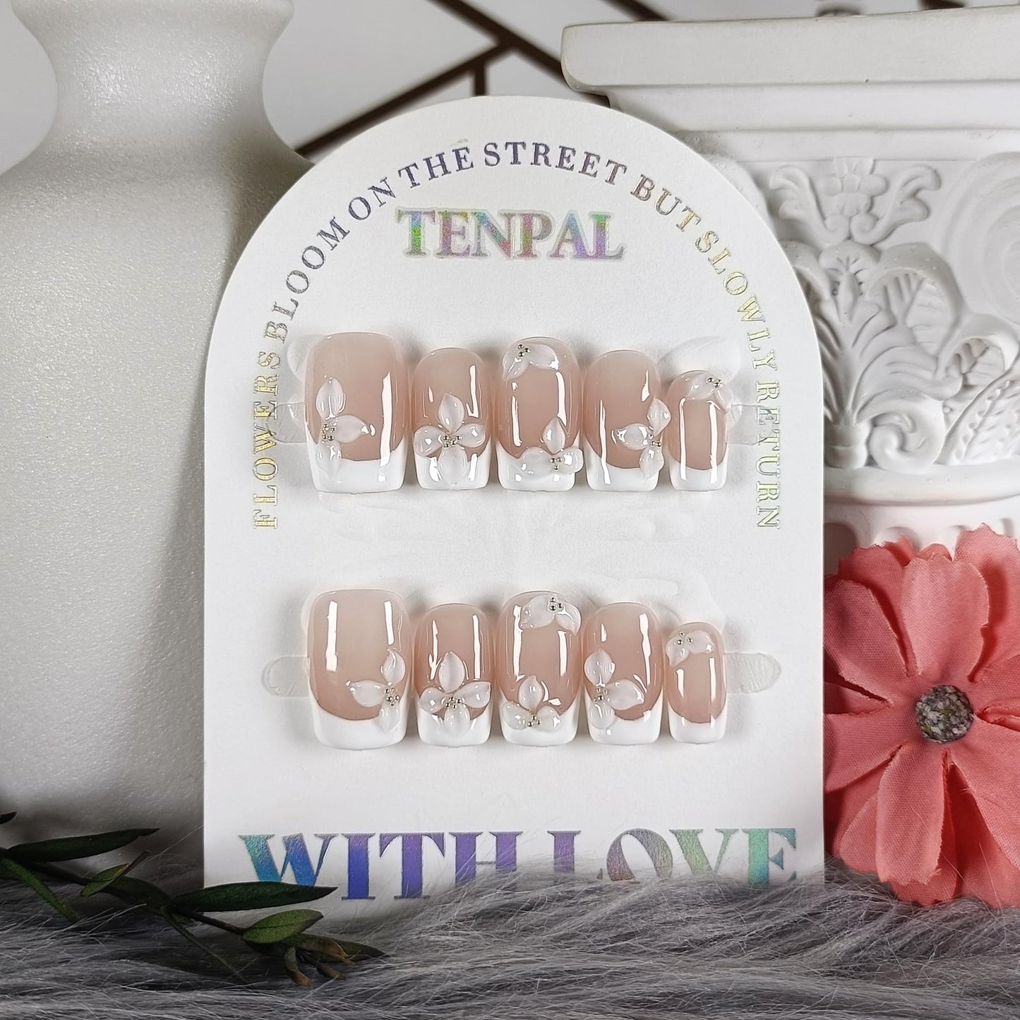 TENPAL 10Pcs Handmade Press On Nails Medium With Tools,Nude White French Tip Coffin Fake Nails with Designs,Hand-Painted White Floral Sculpted Salon Acrylic Glue on Nails for Wedding Party Daily(S)