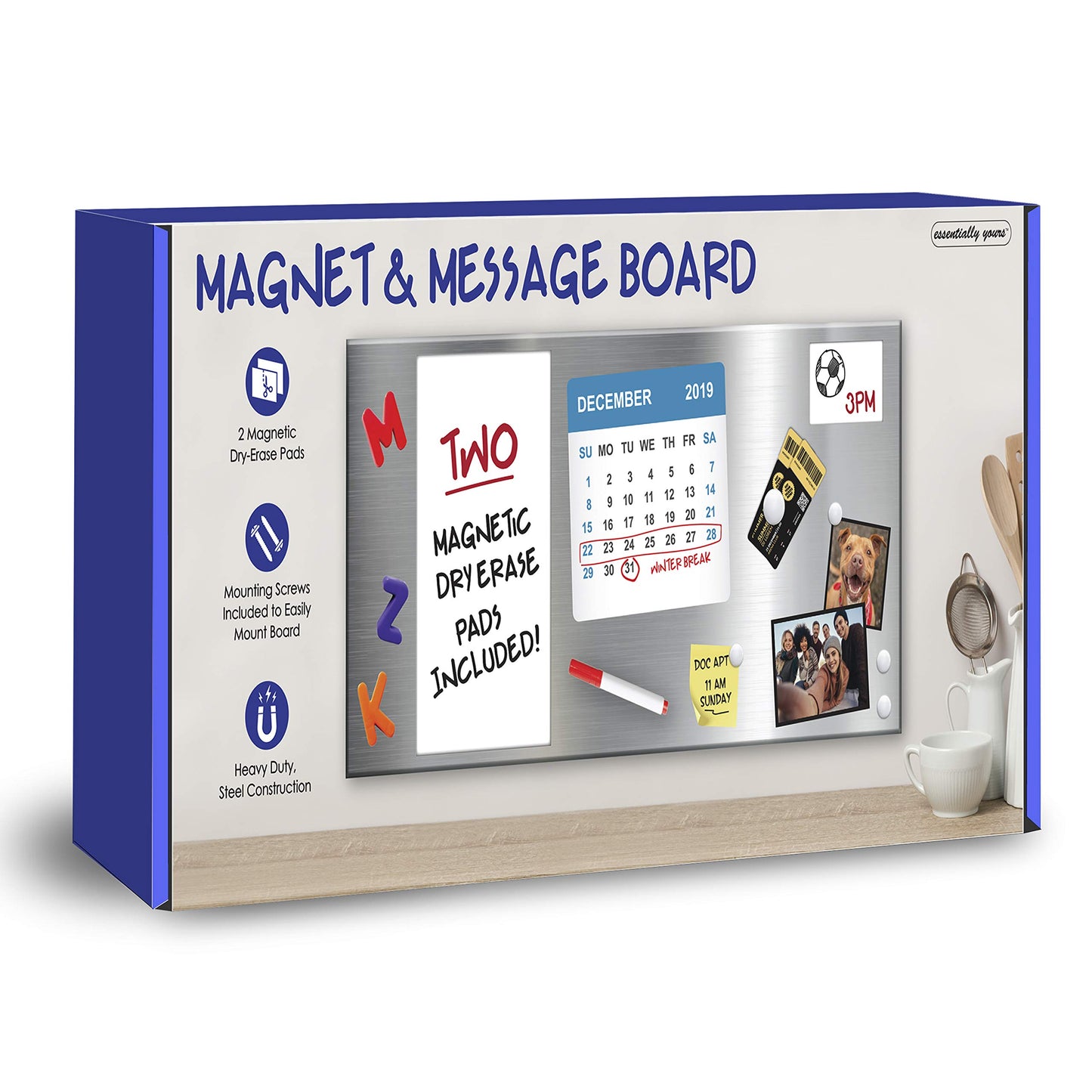 Essentially Yours Magnet and Message Board | Large Mountable 30 x 14 x 0.7 Inch Steel Bulletin Board (Silver)