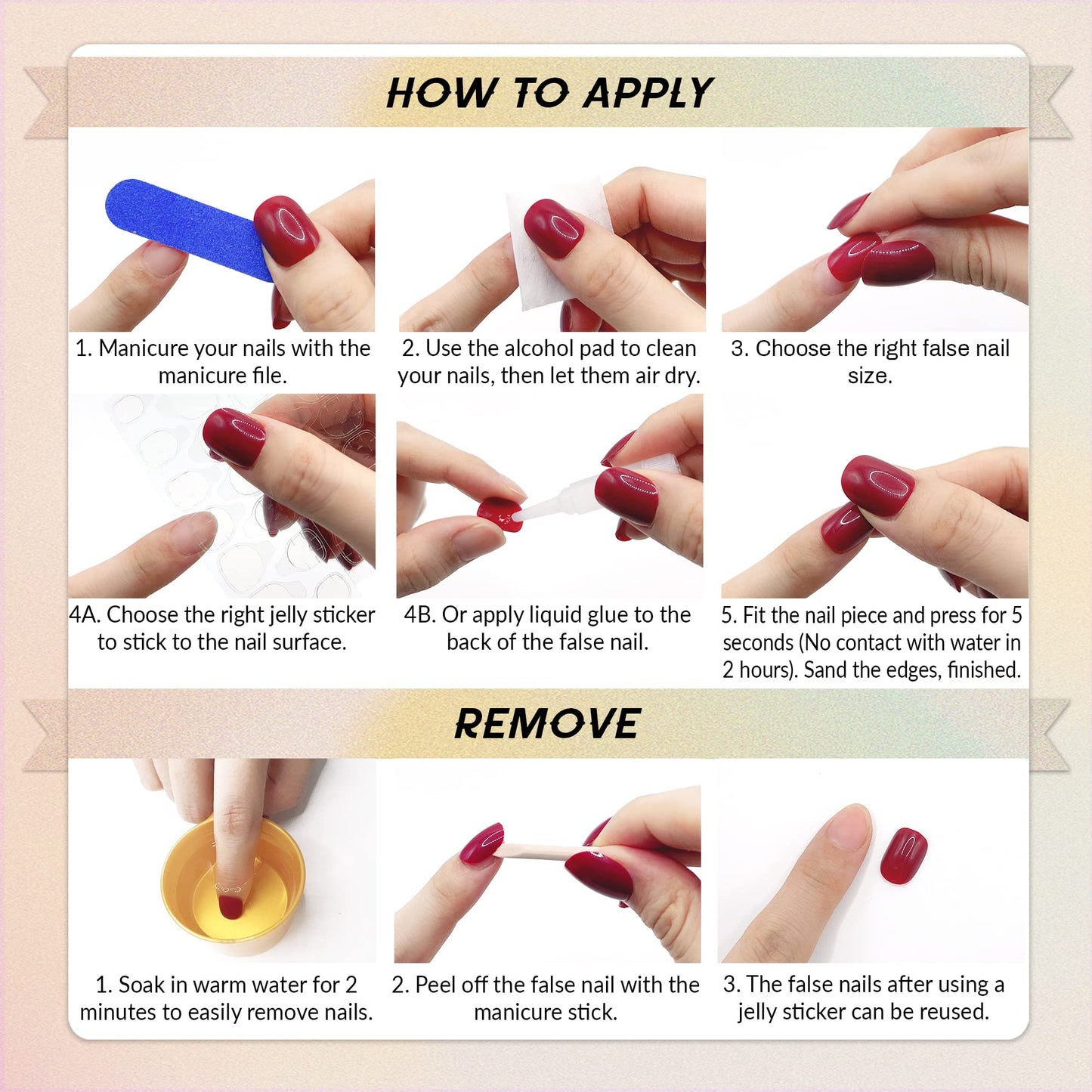 Qsnidy Press on Nails Square - White French Pink Fake Nails Medium Acrylic Glossy Full Cover Stick On Nails for Women and Girls Daily Wear, Natural Fit Glue on Nails in 12 Sizes - 24 Nails Kit