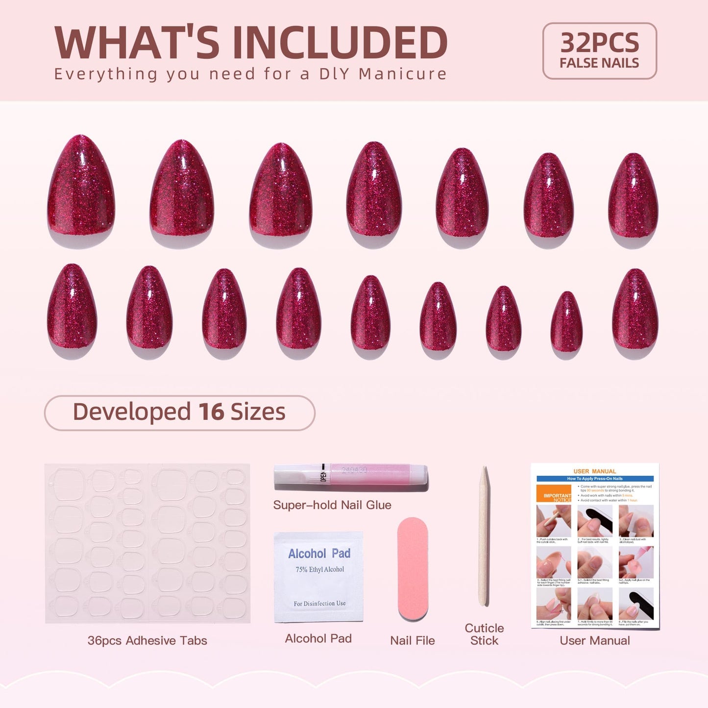 Hrnsnails Almond Shaped Press On Nails, Glue On Nails Medium Length Fake Nails with Red Glitter Glossy Designs, Nails Press Ons Gel False Nails, Artificial Nails Stick On Nails for Women