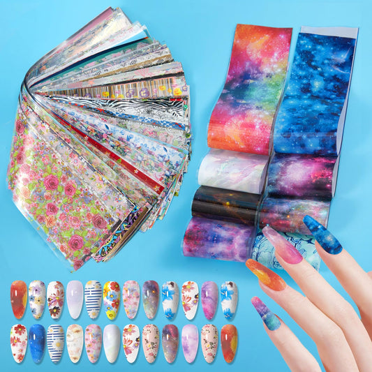 JERCLITY 300 Sheets Nail Foil Transfer Stickers Set Nail Foils Transfer Nail Art Flower Laser Starry Sky Aurora Solid Color Design Foil Sheets for Women Girls Decoration