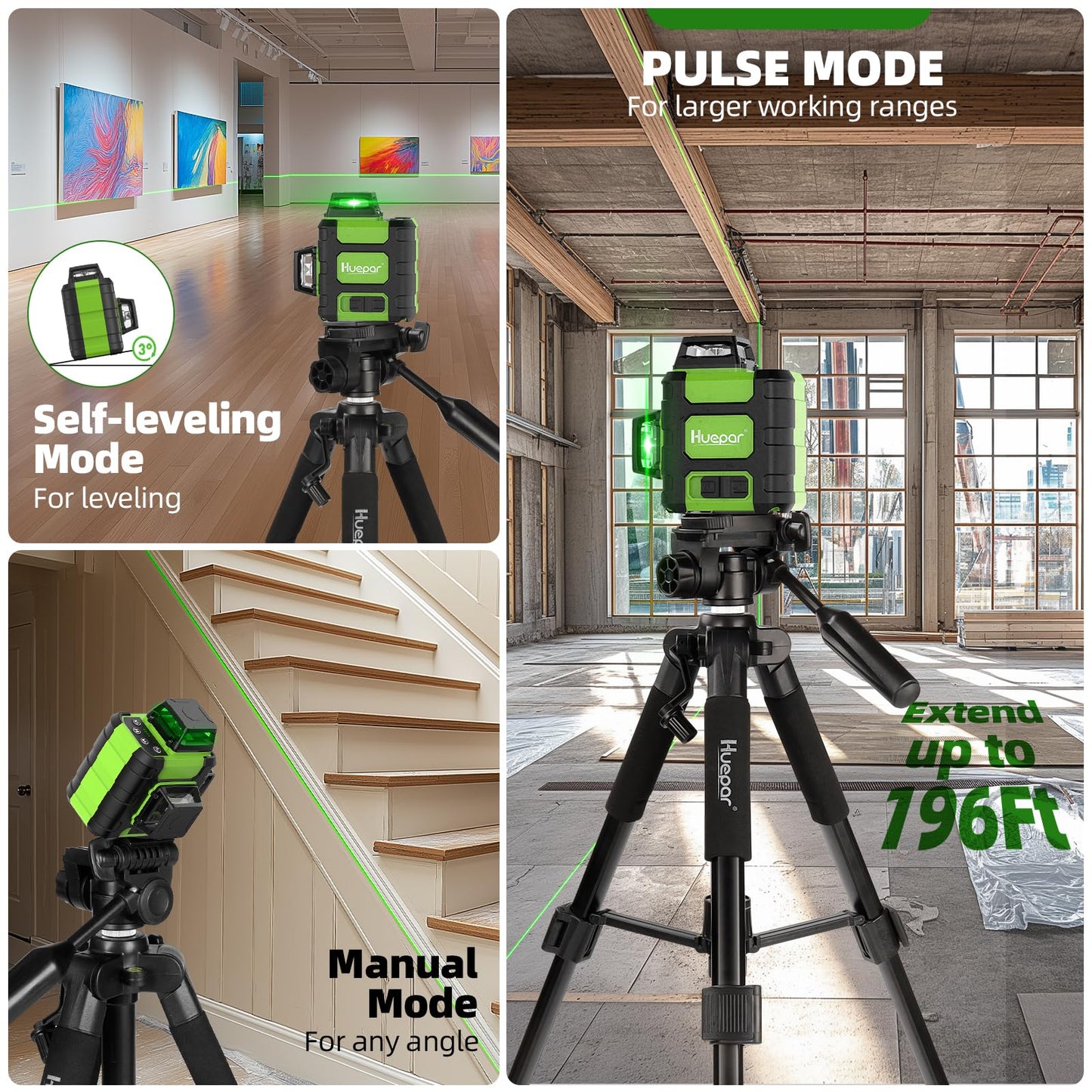 Huepar Laser Level 360° with Tall Tripod, Self Leveling Rechargeable Lazer Leveler for Construction and Picture Hanging, Nivel Laser with Pluse Mode for Outdoor, Hard Carry Case, 50" Tripod, Glasses