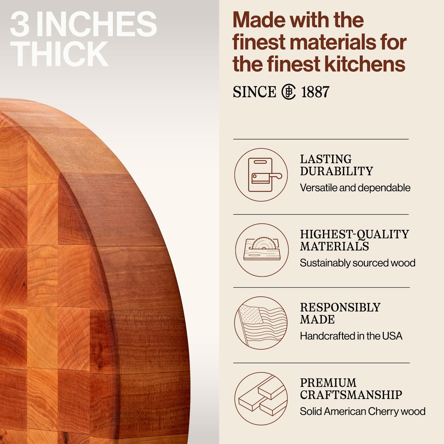 John Boos CCB Series Round Wooden Cherry Cutting Board 18”x18” – 3” Thick, 20-lb Reversible Butcher Block with End-Grain – Made in the USA