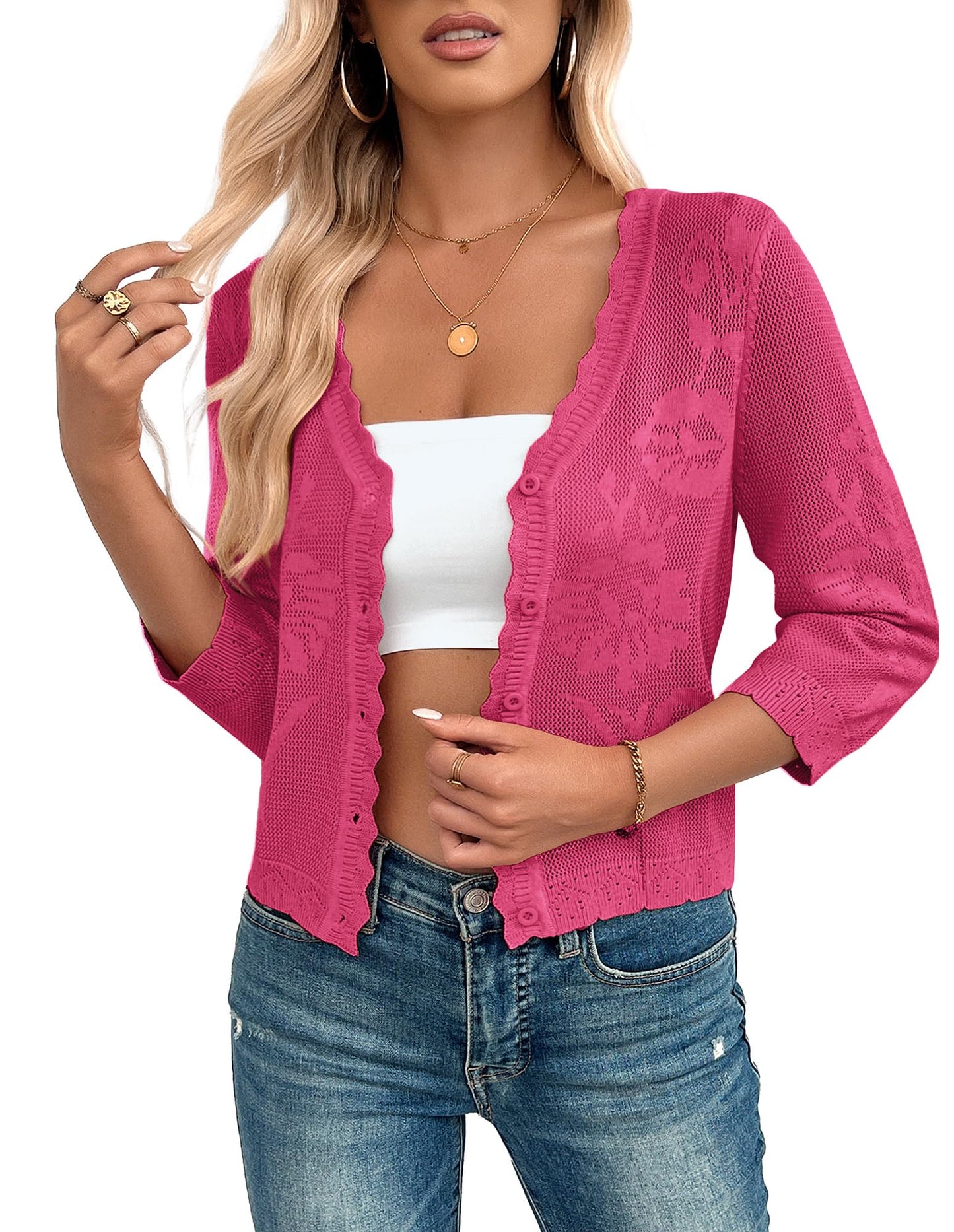 Kate Kasin Women's 2025 Cropped Cardigan Sweaters Trendy Lightweight 3/4 Sleeve Button Down Crochet Textured Shrugs Top