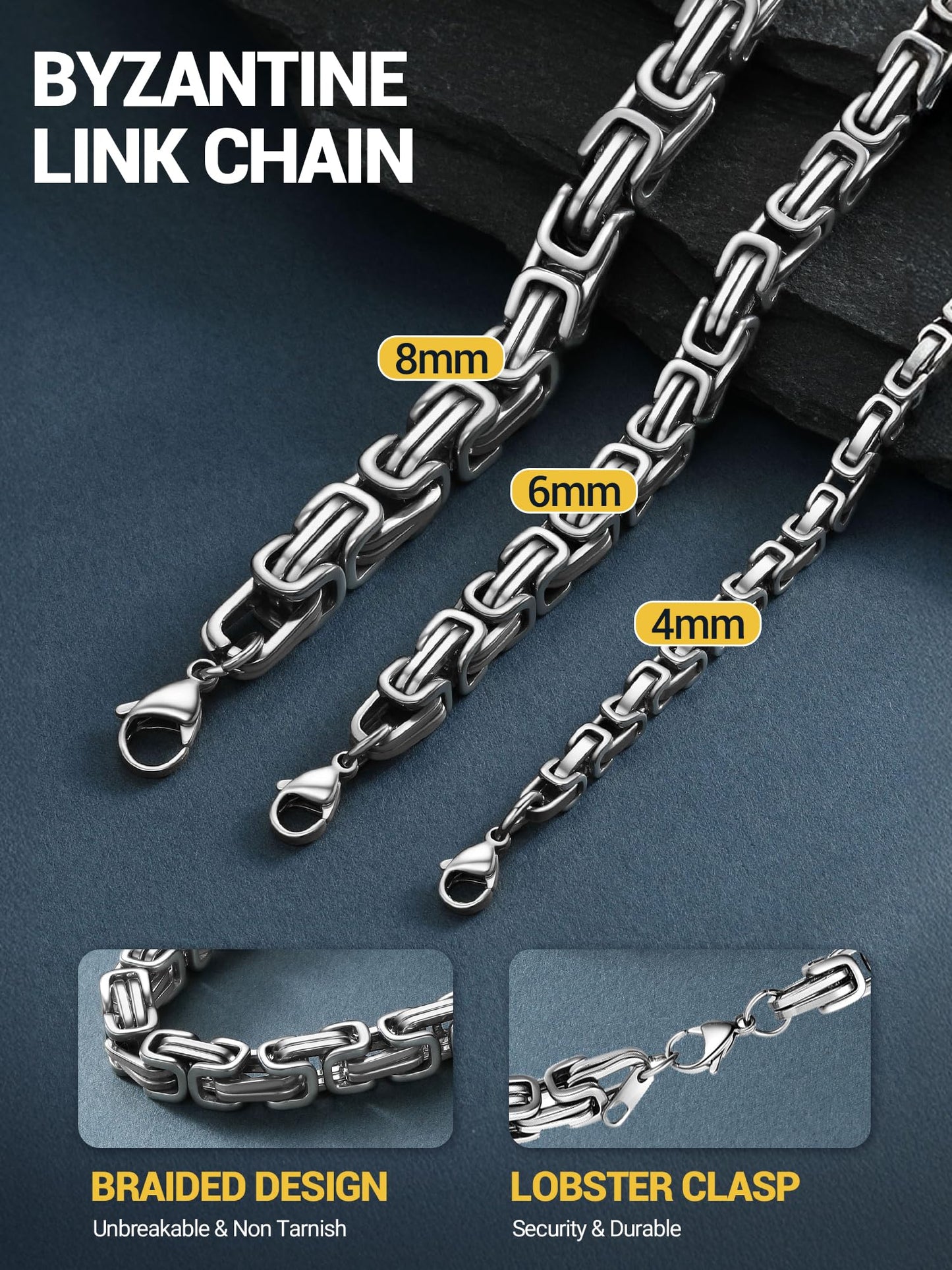 PROSTEEL 8mm Byzantine Chain Necklace For Men 24 Inch Stainless Steel Cool Chains