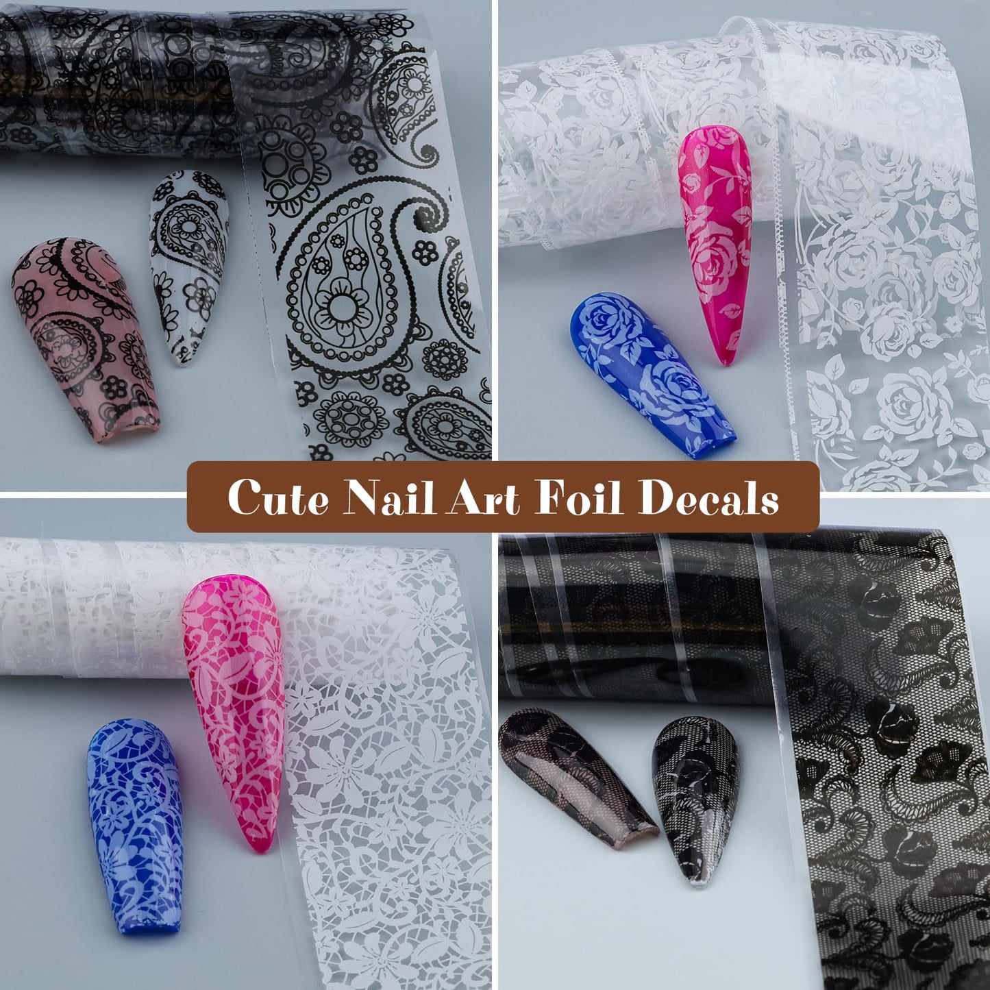 Lace Nail Foil Transfer Sheets, 10 Rolls Black White Flower Nail Art Transfer Foils Decals, Holographic Nail Foils Transfer DIY Nail Stickers for Acrylic Nails, Gel Nails and Manicure Decorations