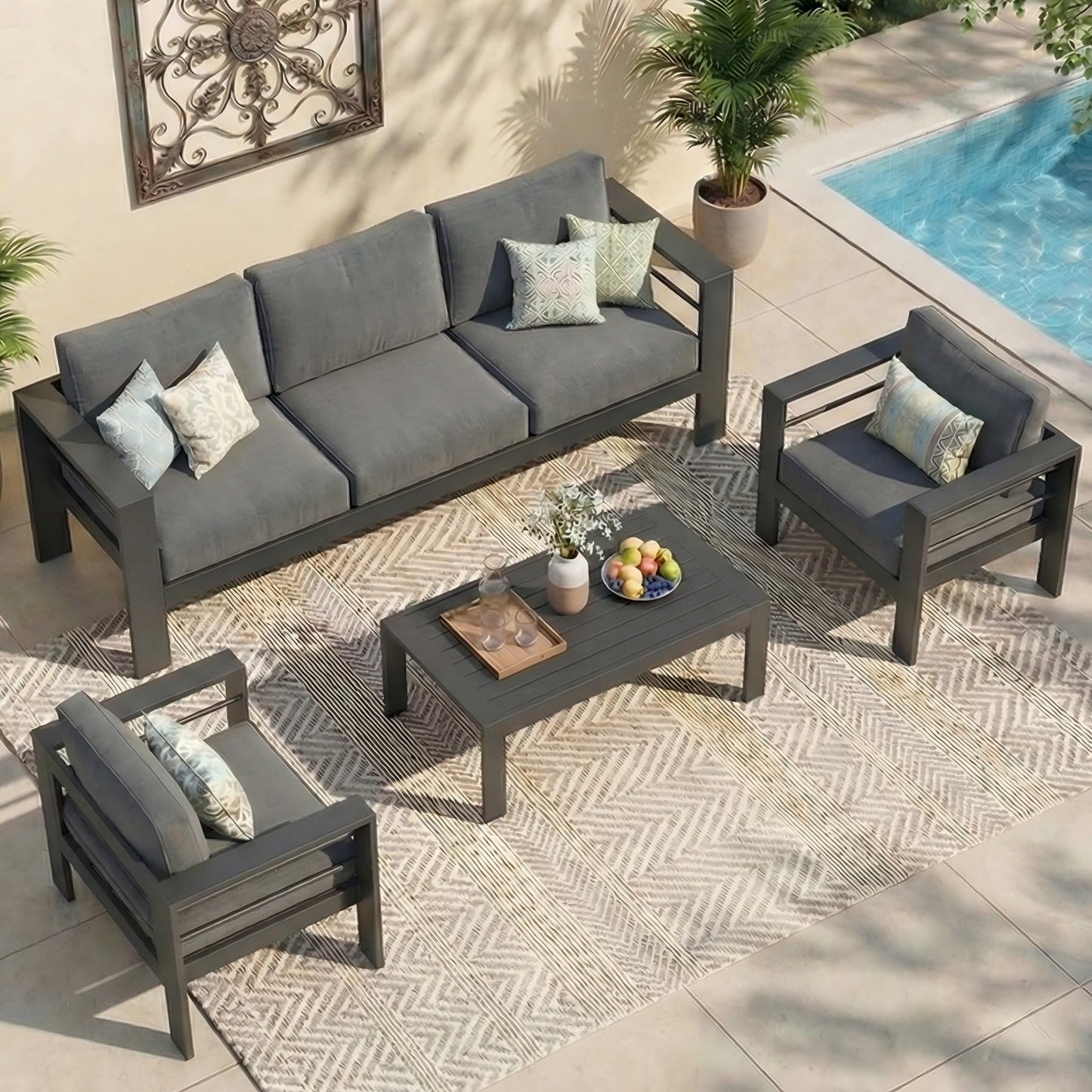 Wisteria Lane Aluminum Outdoor Patio Furniture Set, Oversized Patio Conversation Sets with Deep Seating and Wide Armrest, Outdoor Sectional Metal Sofa with 5 Inch Cushion and Coffee Table, Dark Grey