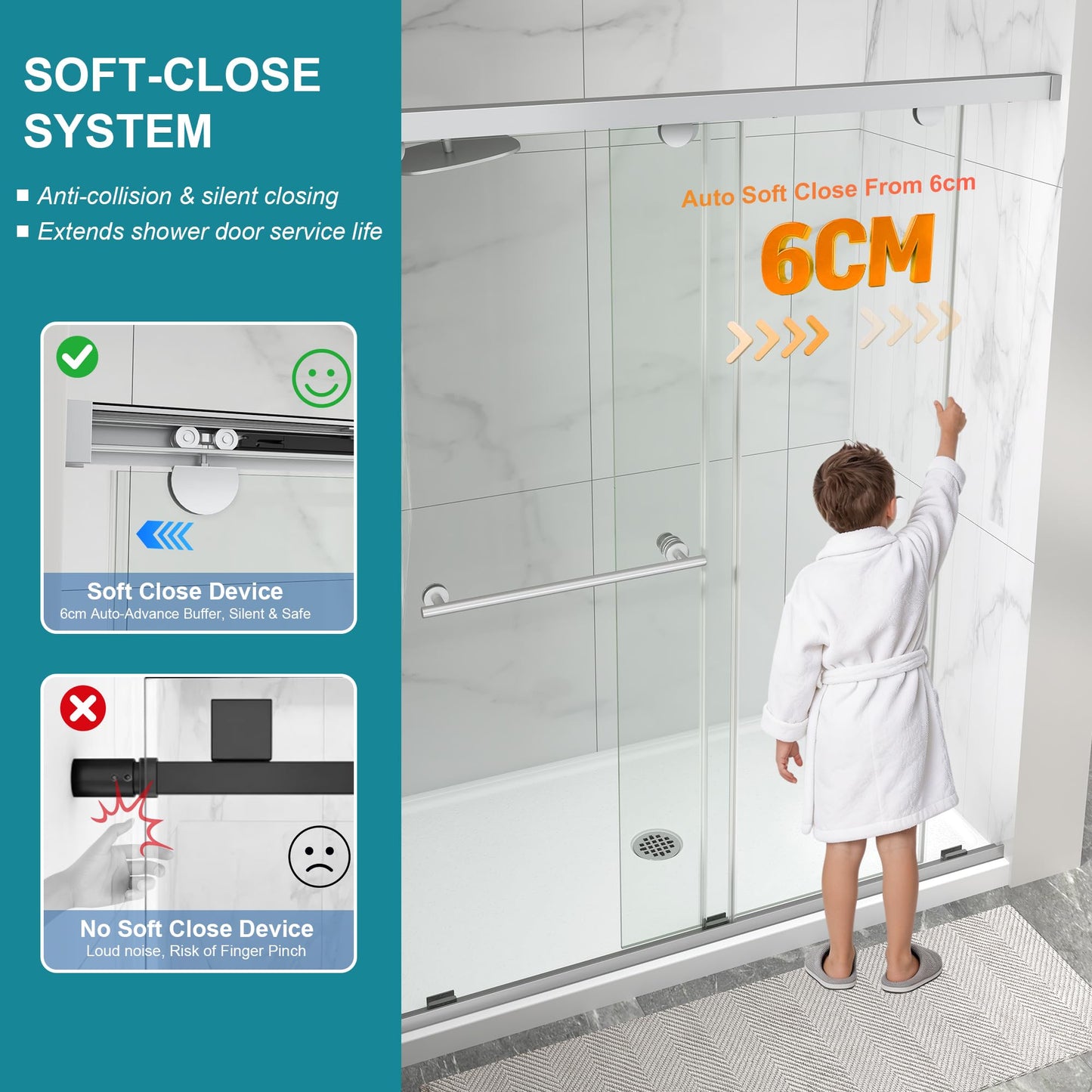 Frameless Shower Door with Soft-Close & Anti-Leak,5/16" (8mm) Double Sliding Shower Door,Nano Coating Anti-Explosion Film SGCC Tempered Glass 49"- 54" W x 76" H,Brushed Nickel