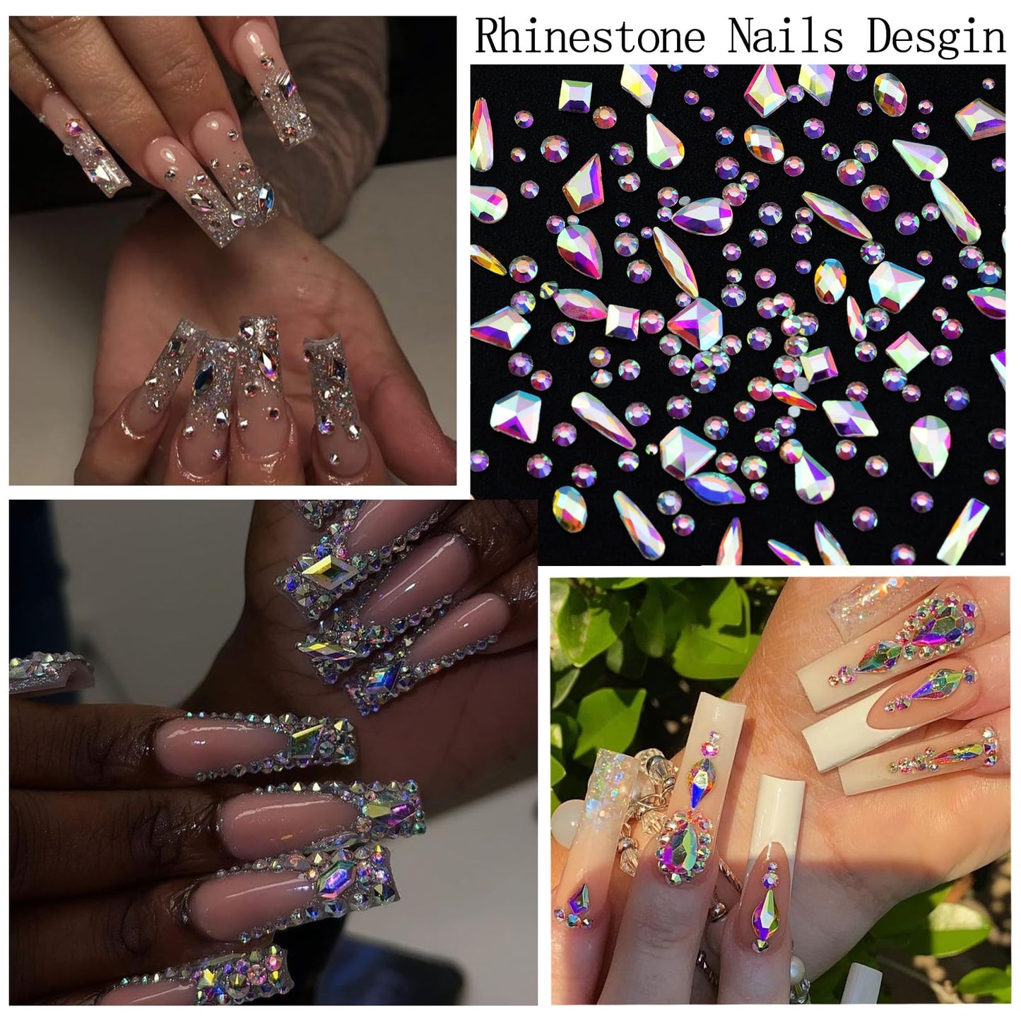SEMATA AB Crystal Nail Art Rhinestones Charms Flatback Nail Gems Rhinestones Diamonds Multi Shapes AB Crystal Nails Charms Stone Mixed Size Nails Art Accessories Decoration Design for Women