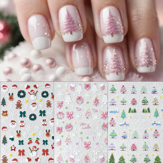 Pink Christmas Nail Art Stickers 5D Embossed Christmas Tree Self-Adhesive Nail Decals Winter Christmas Tree Elk Snowflake Nail Design Supplies Xmas Holiday Cute Stickers for Women Girl Manicure 3PCS