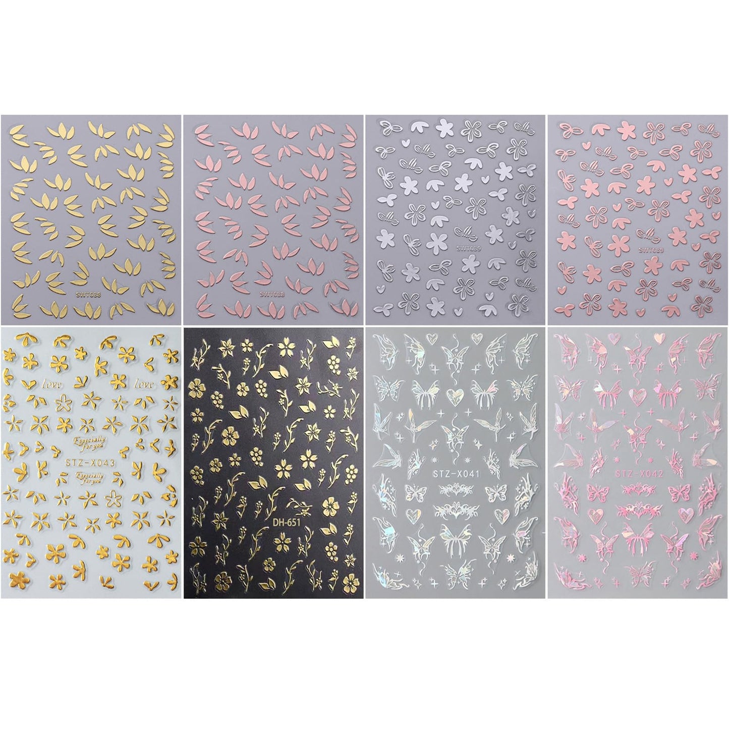 8pcs Gold Flower Leaf Nail Art Stickers 3D Self-Adhesive Metallic Nail Decals Floral Butterfly Nail Art Supplies Rose Gold Silver Petal Leaves Designs DIY Acrylic Nail Decorations for Women