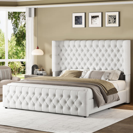 Jocisland Queen Size Platform Bed Frame, 6.3" Thick Upholstered Curved Wingback Headboard and Footboard with Deep Button Tufted, Easy Assembly, No Box Spring Needed, White Linen