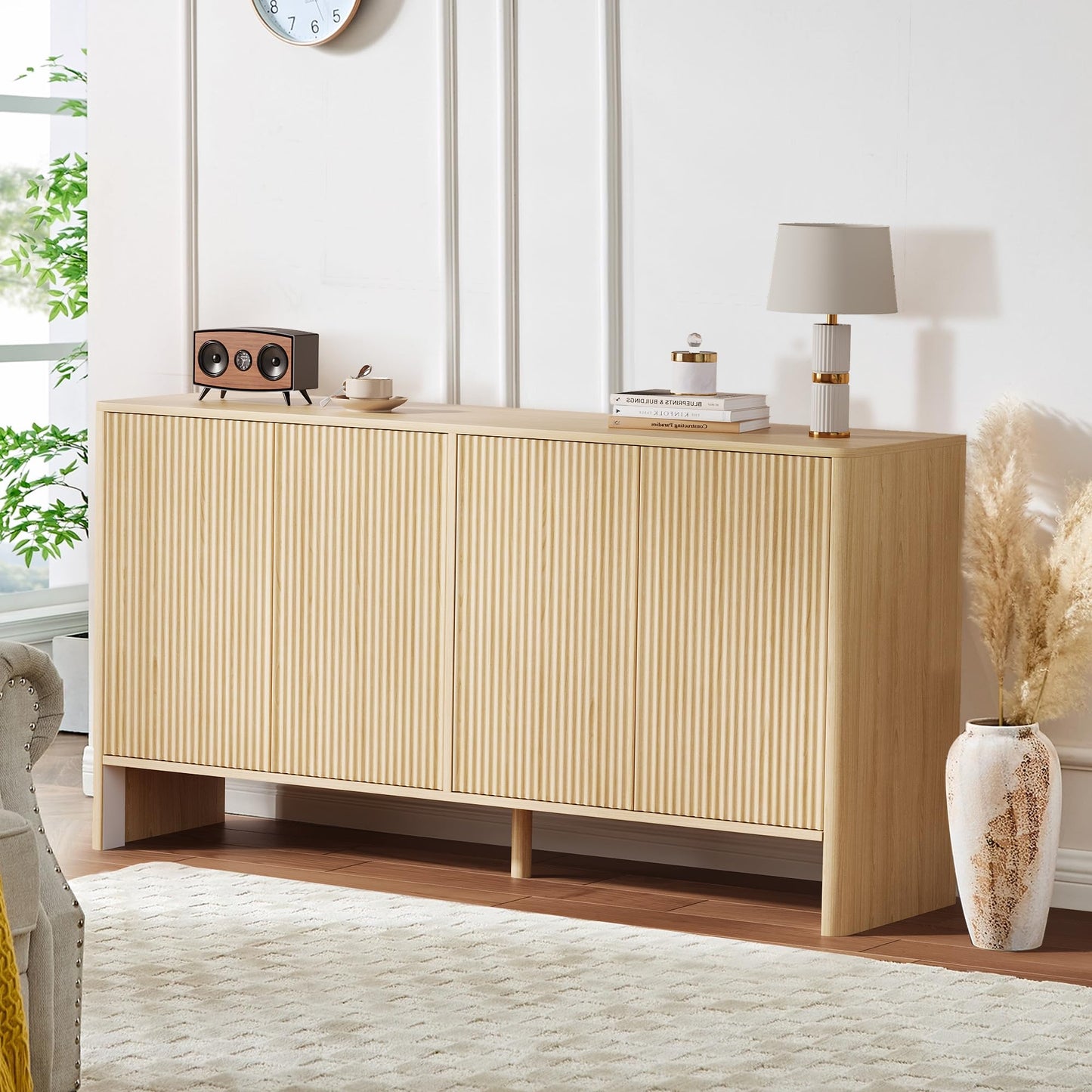 Garvee 58 in Fluted Sideboard Buffet Cabinet, Modern Accent Storage Cabinet with 4 Fluted Doors and Adjustable Shelves, Wood Credenzat Coffee Bar Console Table for Kitchen Dining Living Room- Natural