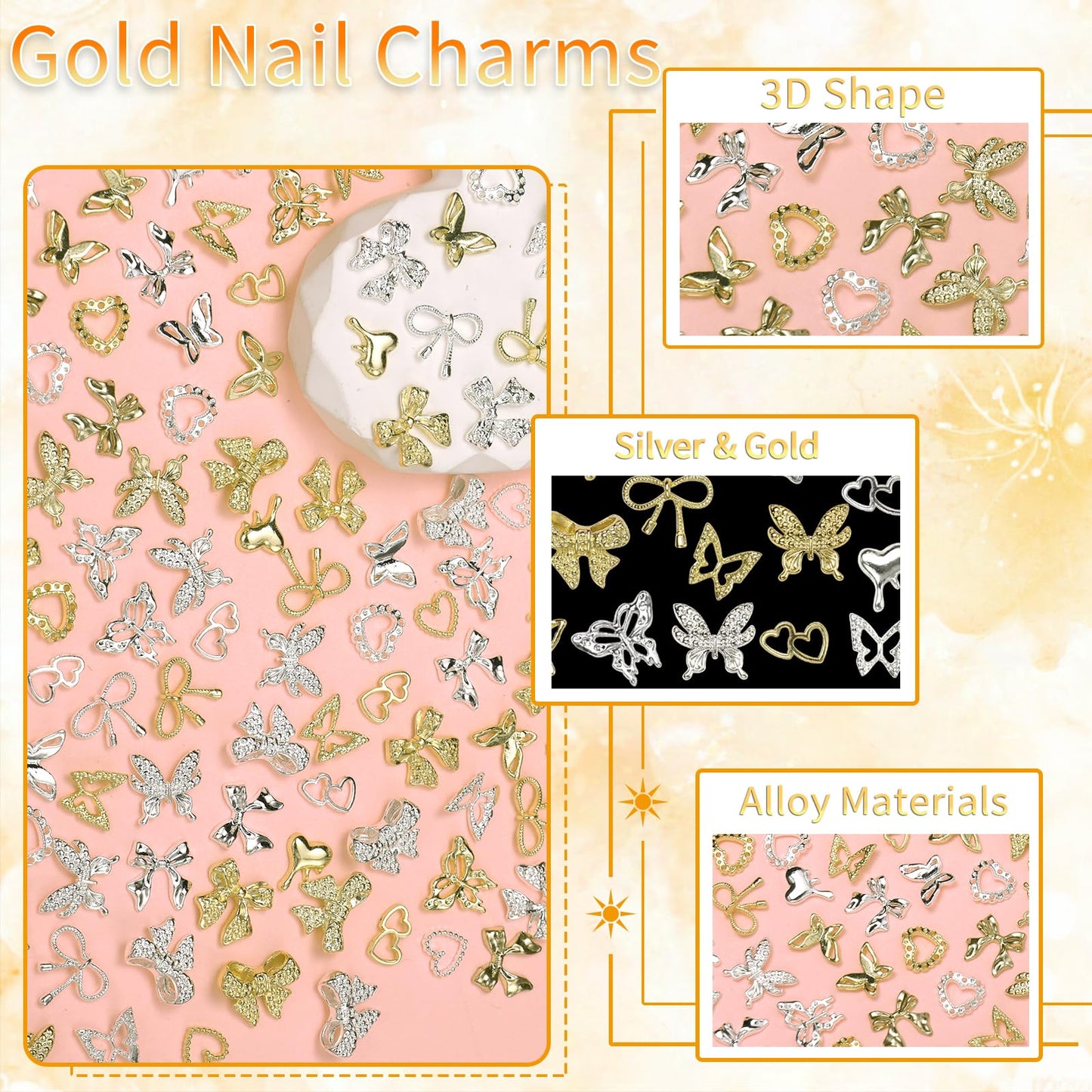 240 Pcs Alloy Gold Silver Nail Charms, Butterfly Heart Bow Gold Silver Nail Charms and Gems, 3D Y2K Metal Nails Jewels for DIY Nails Design Craft